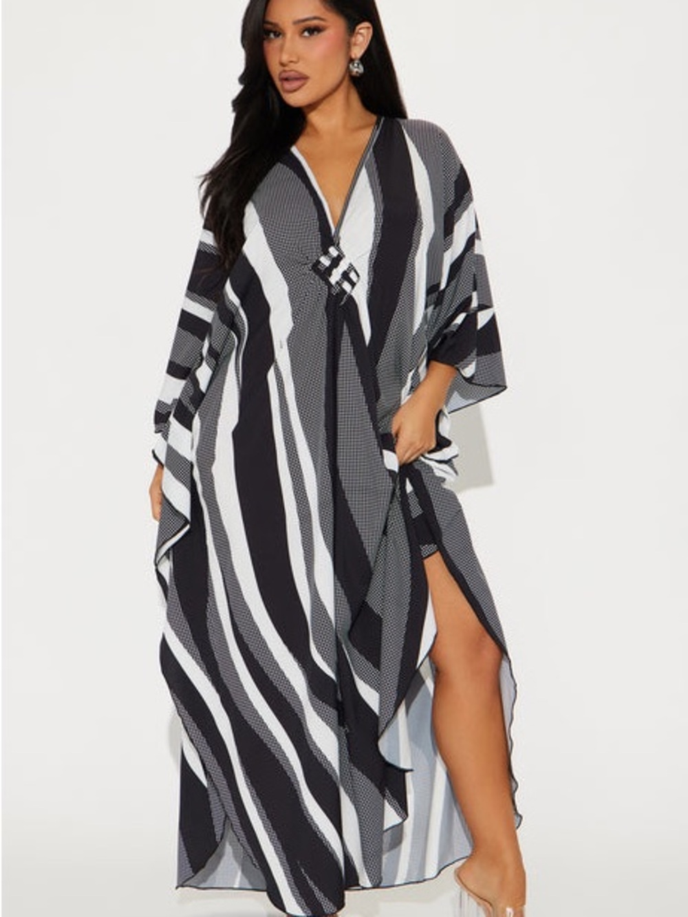 Boho Black White Striped Kaftan Dress Maxi Cover Up V-Neck Loose Fit One Size